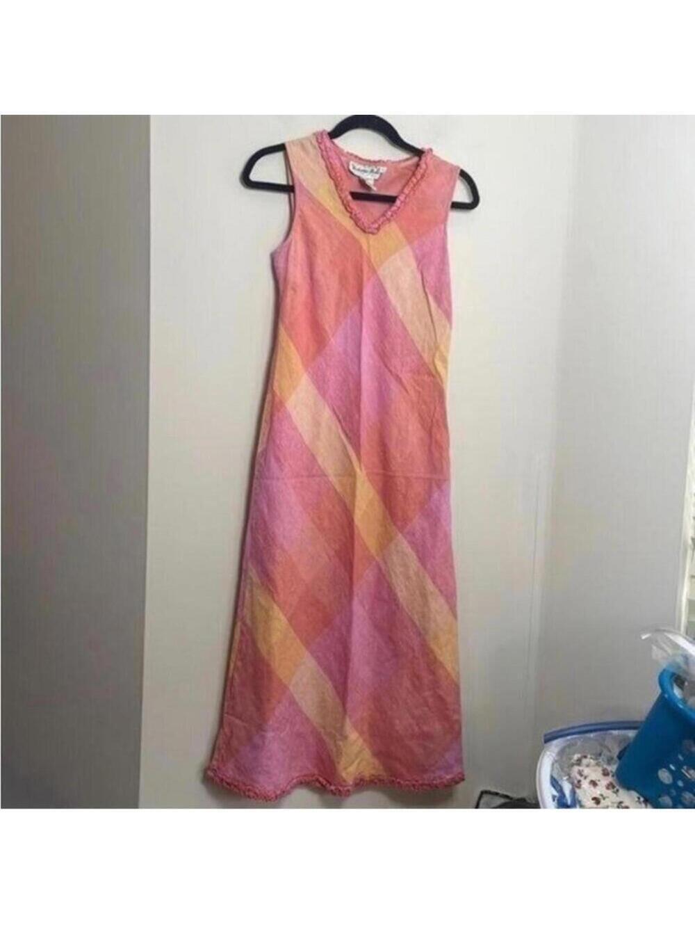 Vintage Victoria Holley Pink and Orange Plaid Maxi Dress Ruffle Trim